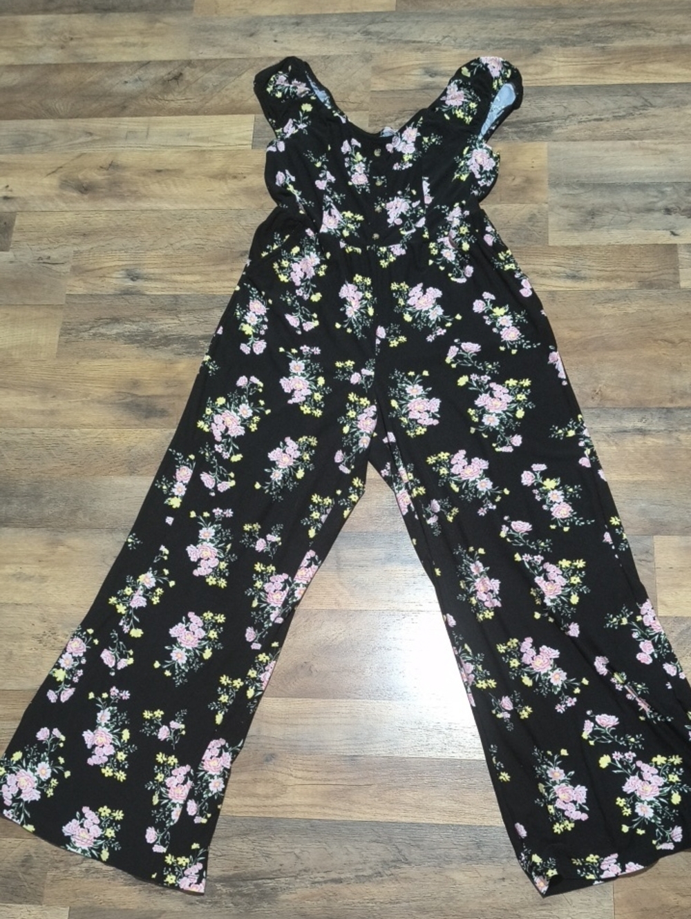 No Boundaries Black Floral Wide-Leg Jumpsuit with Pink & Yellow Flowers